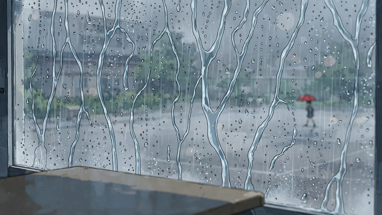 Rain drops running down a classroom window, a blurred figure with a red umbrella in the schoolyard