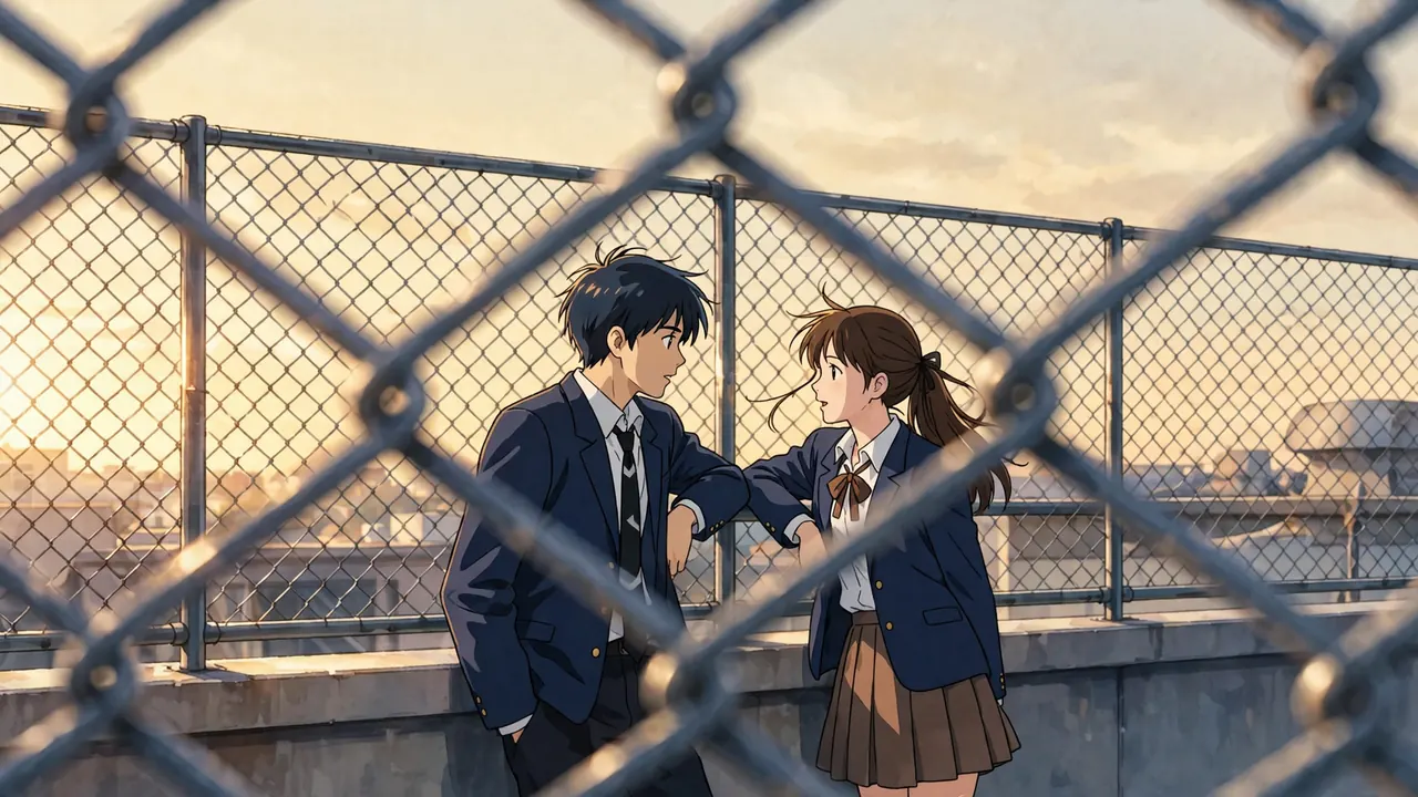 Two high school students talking against a rooftop fence, seen through soft chain-link