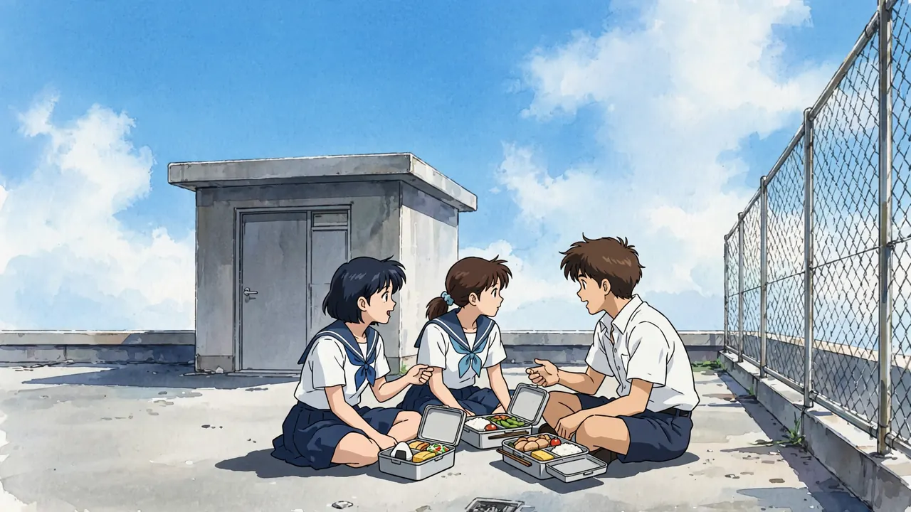 Three students eating lunch on a school rooftop in front of the stairwell hut under a summer sky