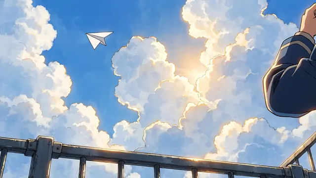 A white paper plane gliding over a school rooftop fence into a big blue sky