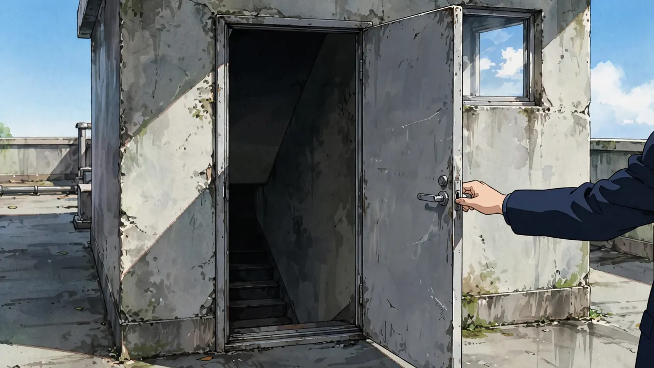 A half-open steel stairwell door on a school rooftop, a hand on the handle