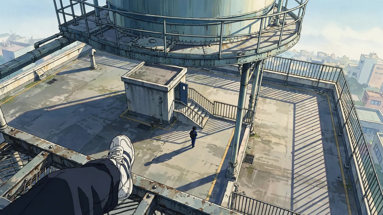 From the top of a rooftop water tank, a dangling sneaker, a student walking to the fence below