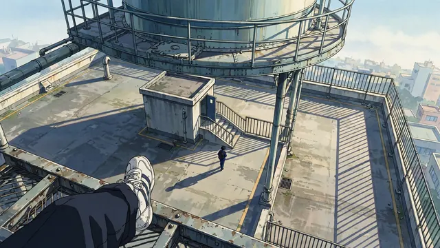 From the top of a rooftop water tank, a dangling sneaker, a student walking to the fence below