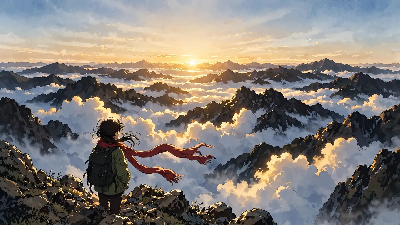 A hiker with a red scarf on a mountain ridge above a sea of clouds at sunrise