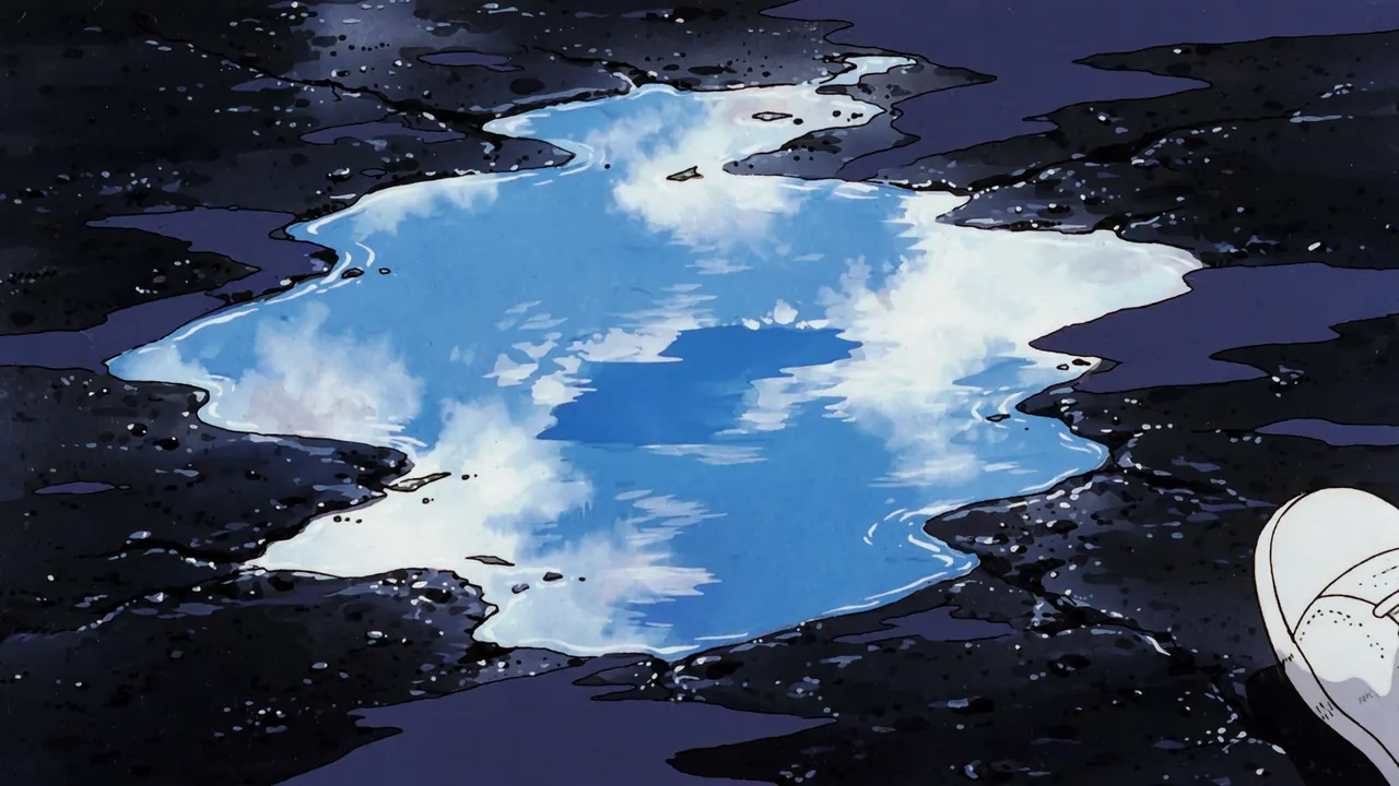 A puddle on wet asphalt reflecting blue sky and clouds, a white sneaker about to step in