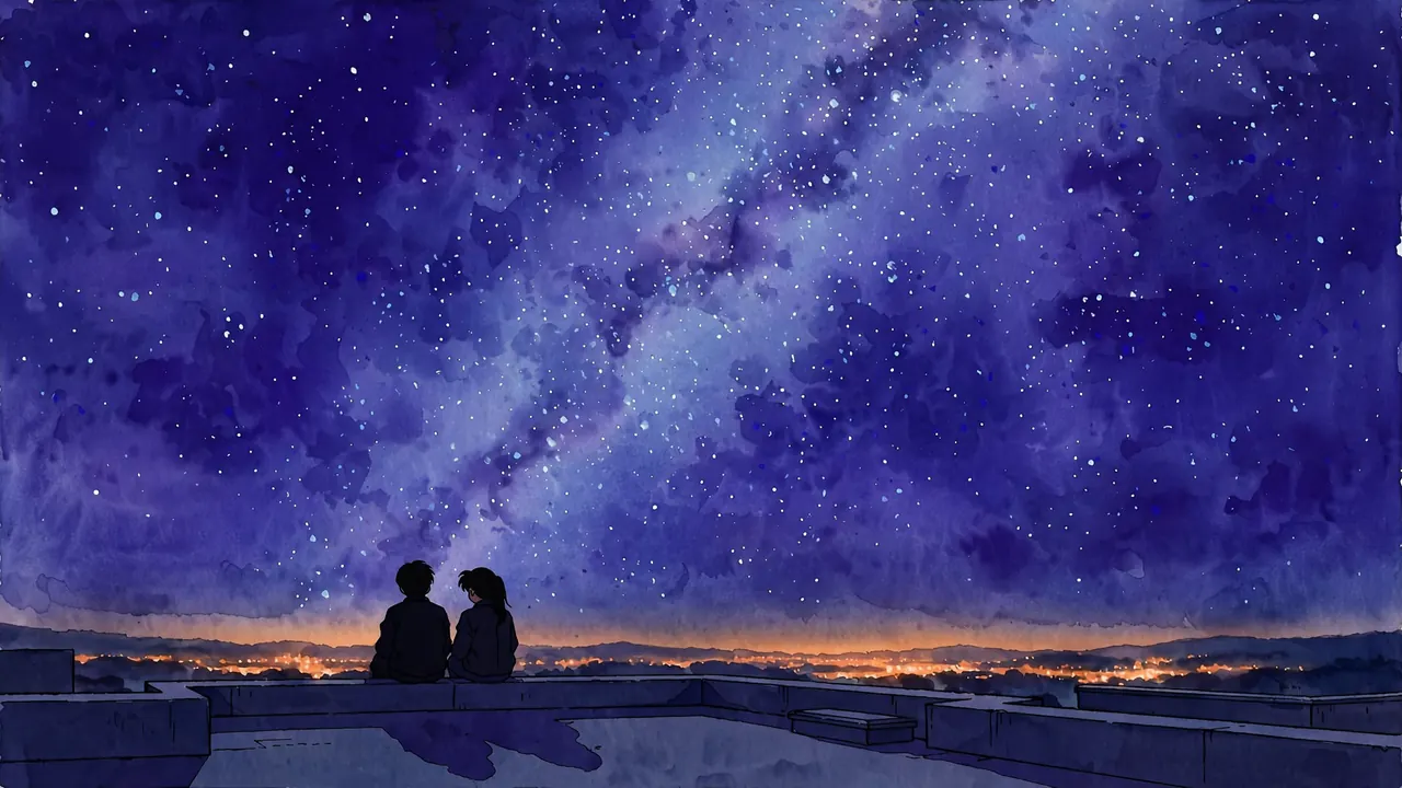 Two teenagers seen from behind on a rooftop under a night sky full of stars and the Milky Way