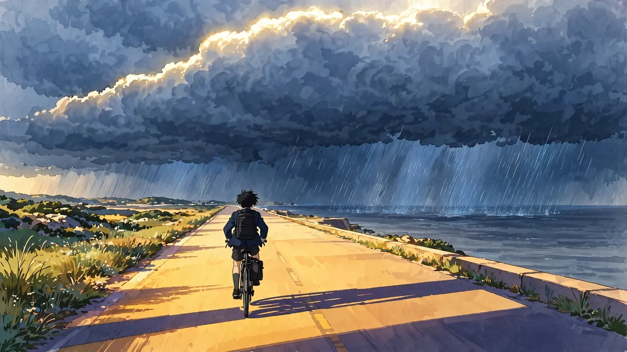 A boy on a bicycle on a sunlit coastal road riding toward a dark storm front over the sea