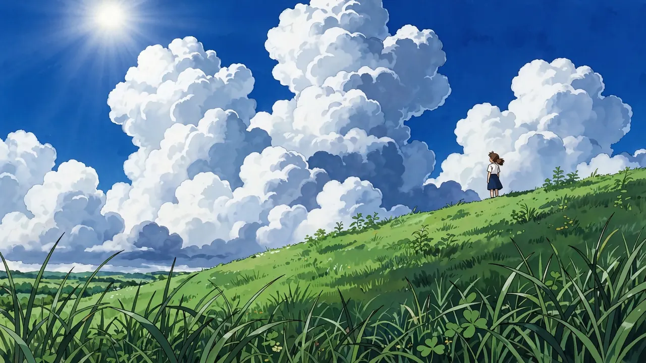 A small figure on a green hill under towering summer clouds in a deep blue sky