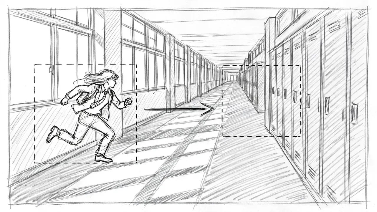 A pencil storyboard of a school hallway with frames and an arrow marking a camera move to the right