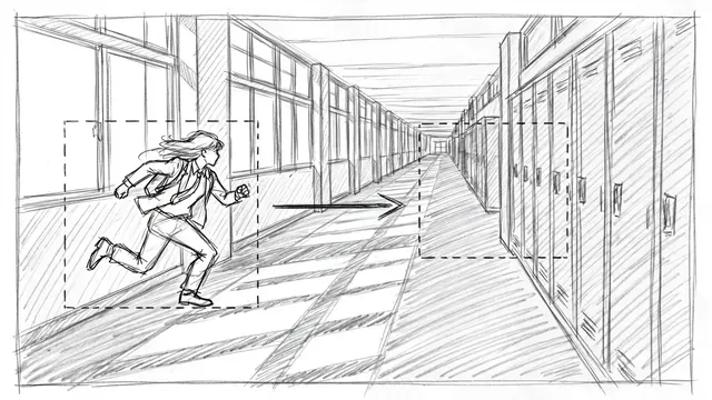 A pencil storyboard of a school hallway with frames and an arrow marking a camera move to the right
