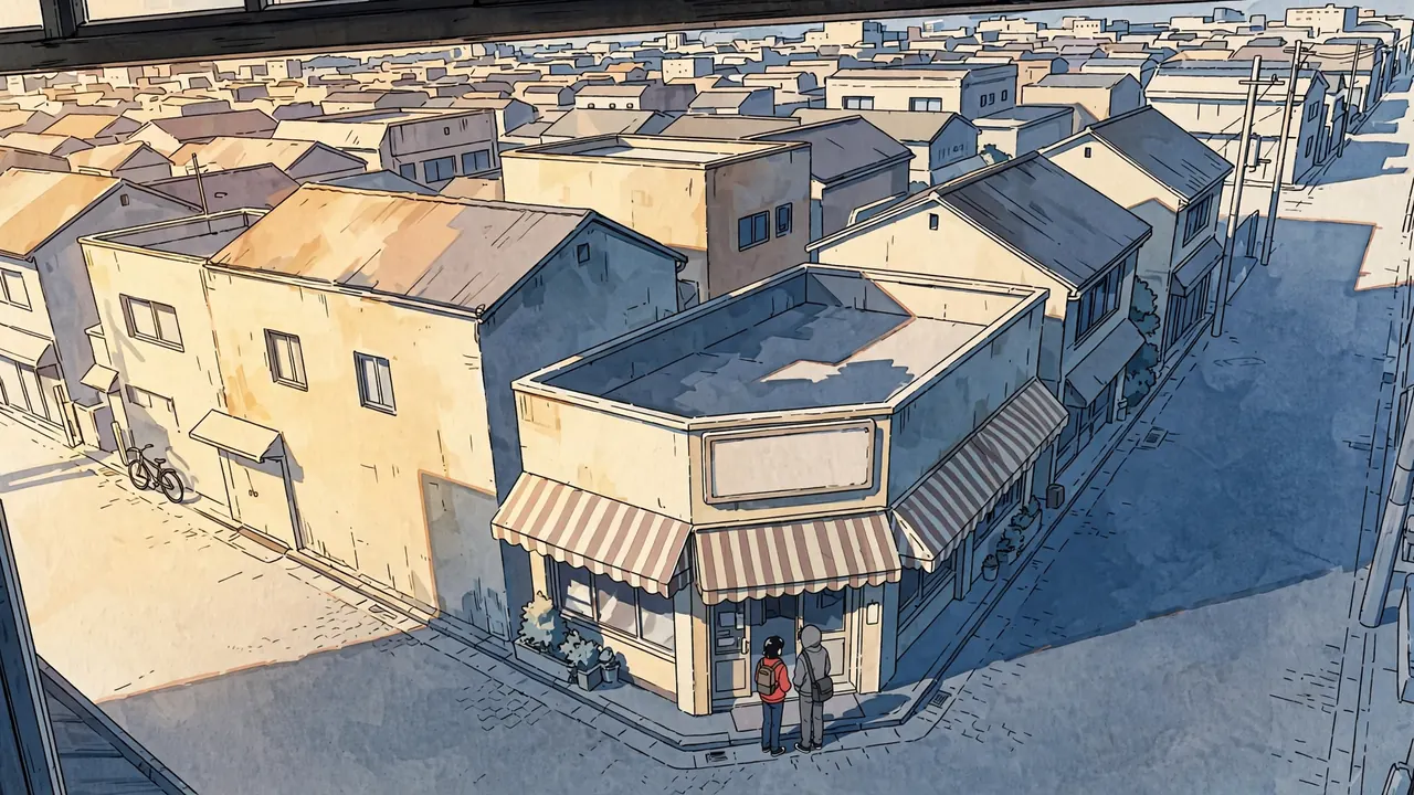 The finished color anime frame of a corner shop seen from a high window, two students by the door