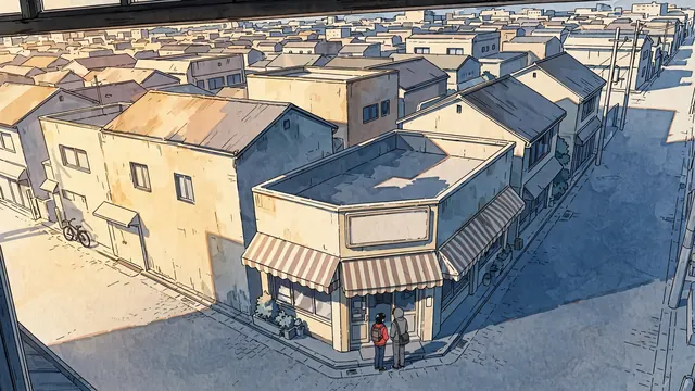 The finished color anime frame of a corner shop seen from a high window, two students by the door