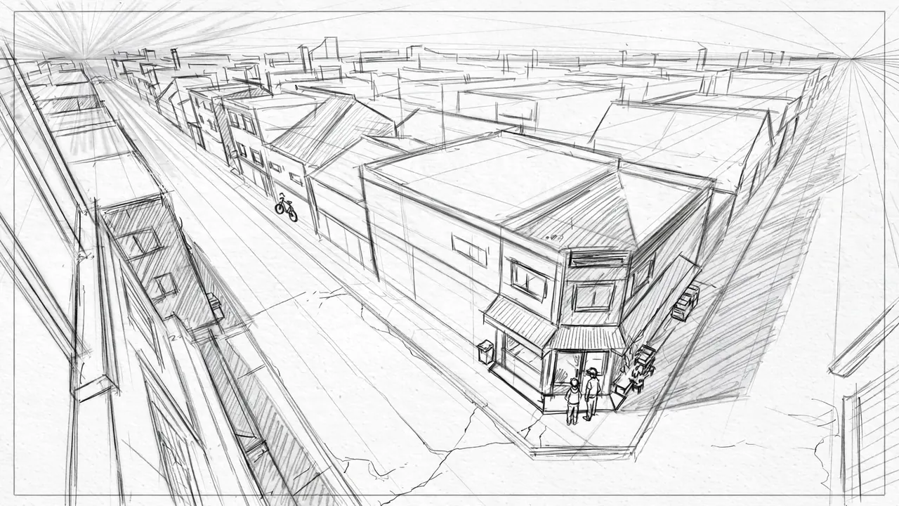 A gray pencil layout drawing of a corner shop in two-point perspective seen from a high window