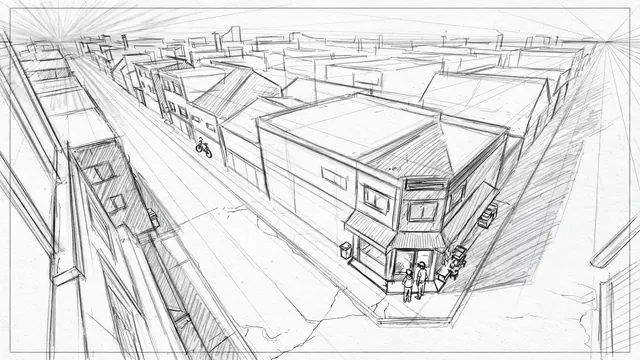 A gray pencil layout drawing of a corner shop in two-point perspective seen from a high window