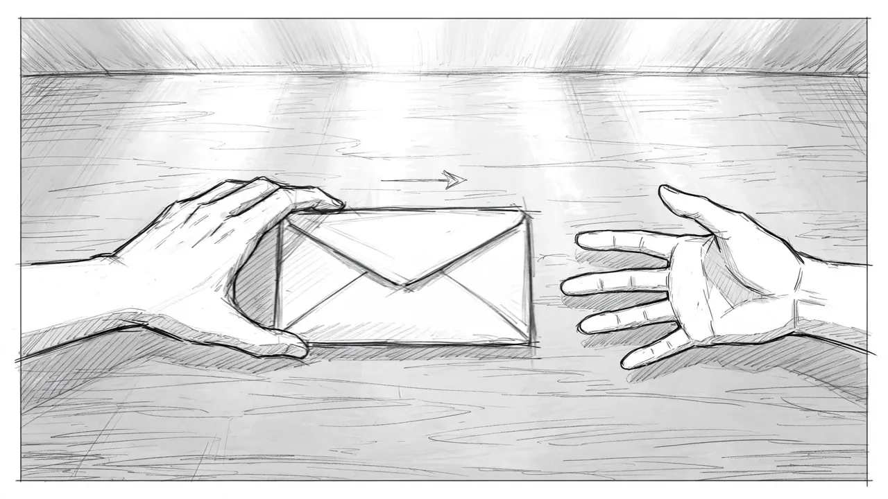 A pencil storyboard insert of one hand sliding an envelope across a table toward another hand