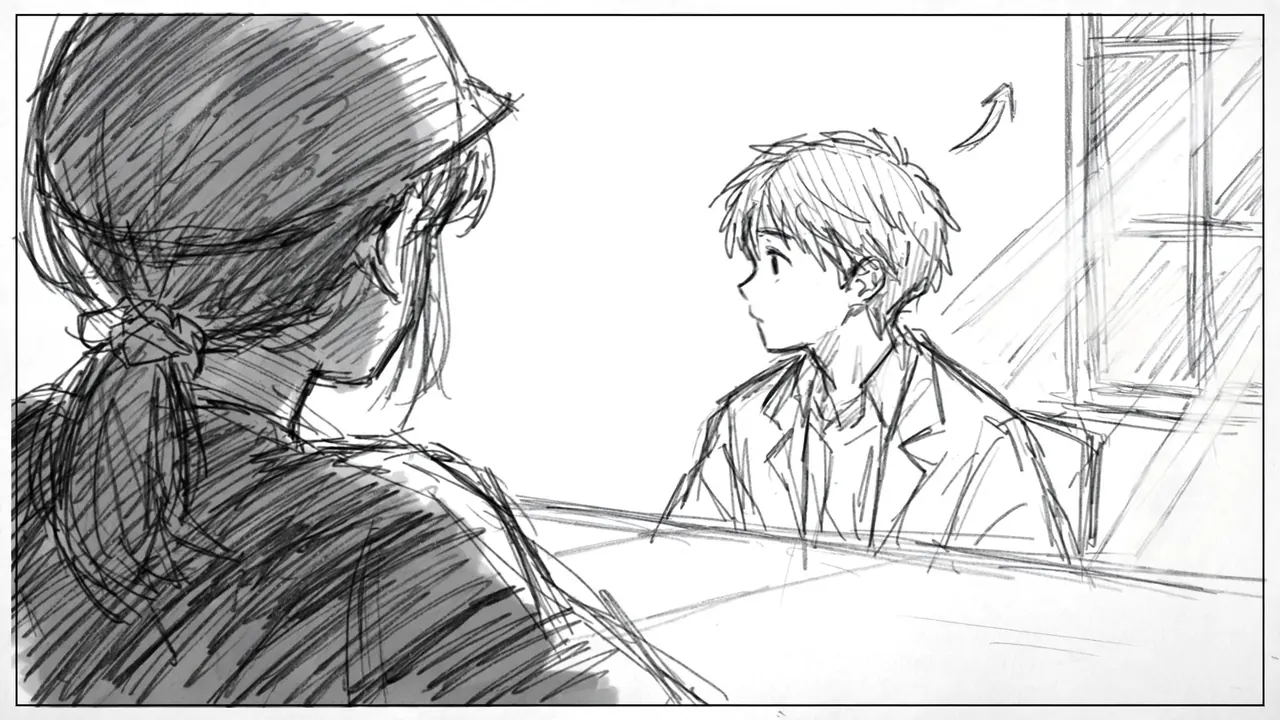 A pencil storyboard panel over a girl's shoulder toward a boy sitting at a table