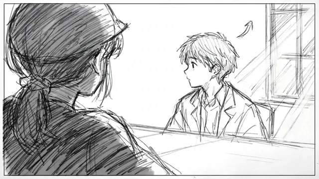 A pencil storyboard panel over a girl's shoulder toward a boy sitting at a table