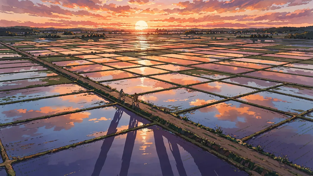 Two small cyclists on a country road between flooded rice fields that mirror an orange sunset sky