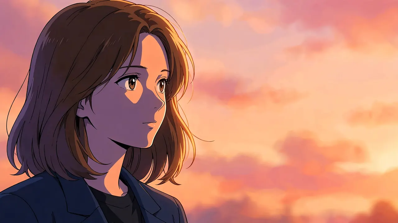 Close-up of a young woman lit warm orange from one side by the setting sun, looking off screen
