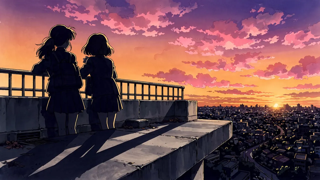 Two schoolgirls seen from behind at a rooftop railing, dark against a low orange sun over the city