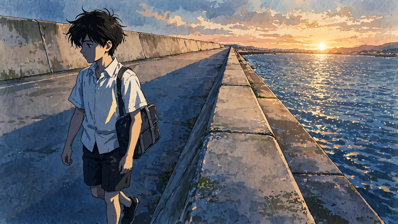 A teenage boy with a school bag walks along a long seawall as the sun sets over the sea