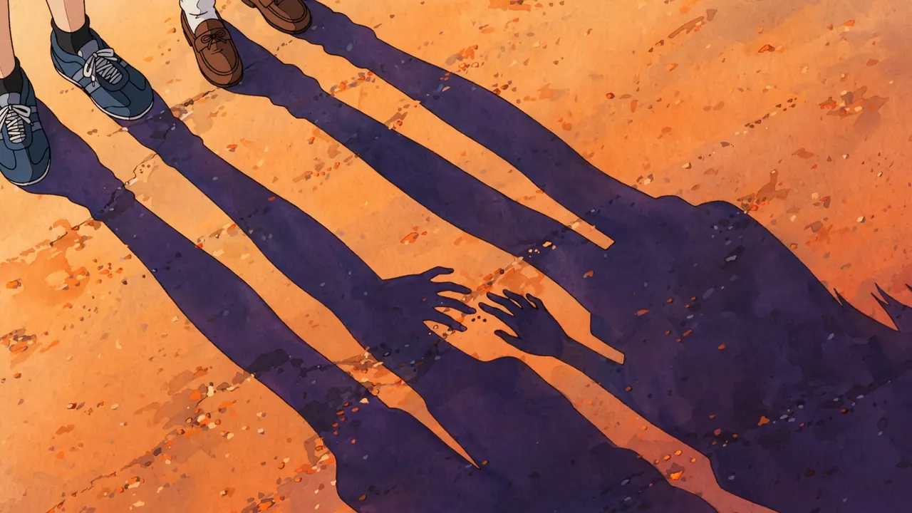 Two long shadows of a boy and a girl on orange asphalt at sunset, their shadow hands almost touching
