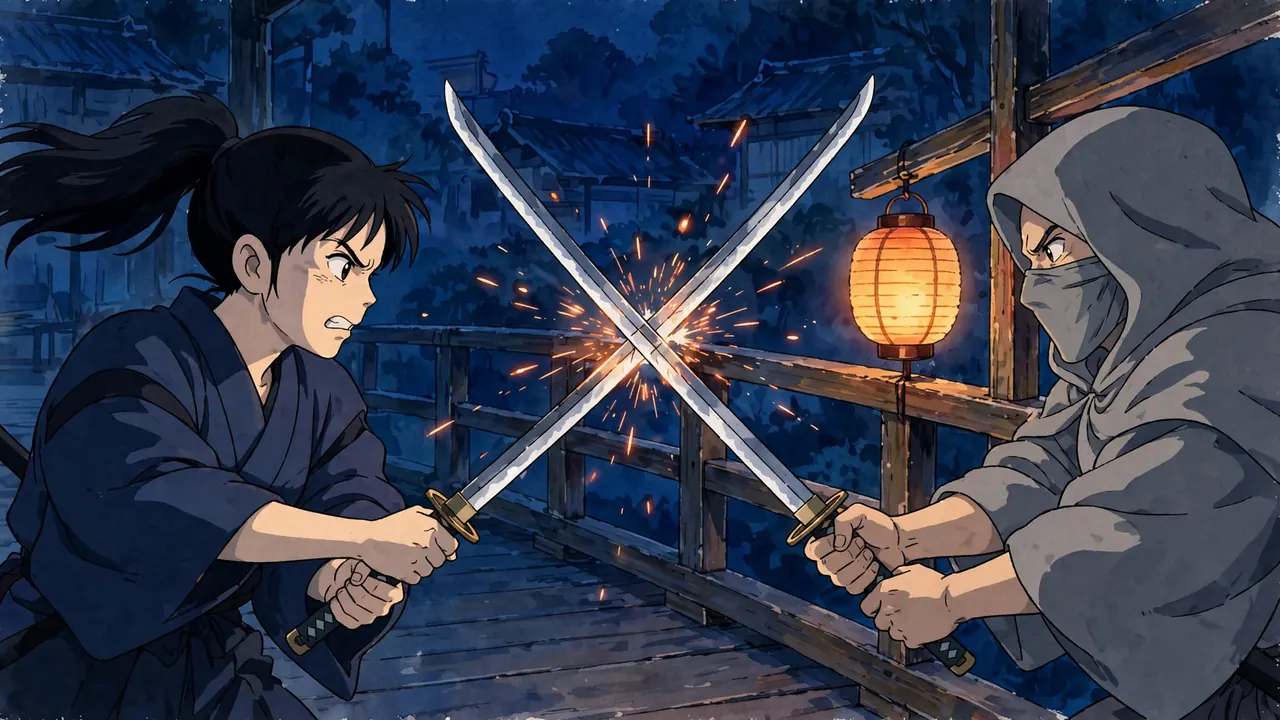 Two swords locked in the center of the frame throwing sparks between a swordswoman and a masked swordsman