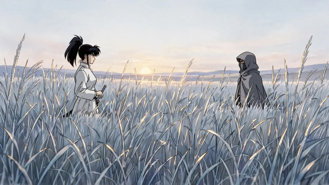 Two duelists stand waist deep in tall silver grass at dawn, facing each other from far apart