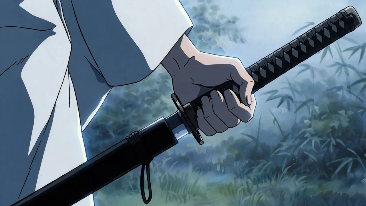 Close-up of a hand gripping a katana hilt, the thumb pushing the guard so a sliver of steel shows