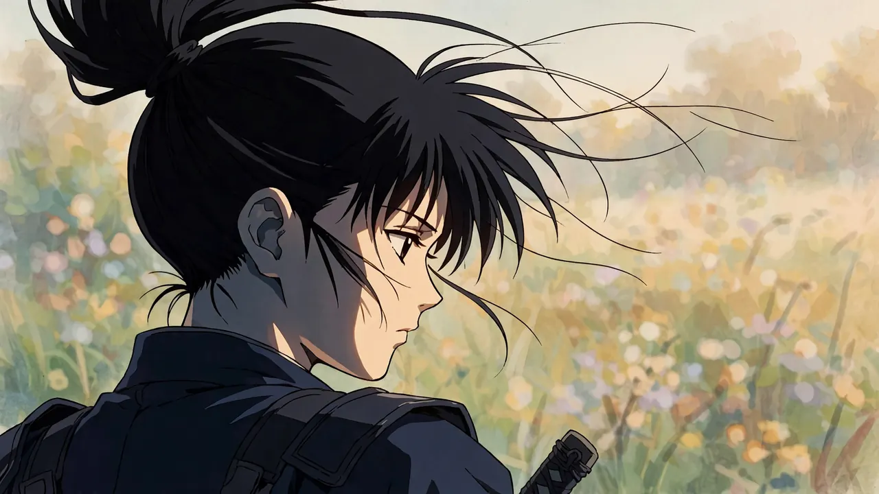 From behind a swordswoman's shoulder as she half turns her head back, her ponytail lifted by the breeze
