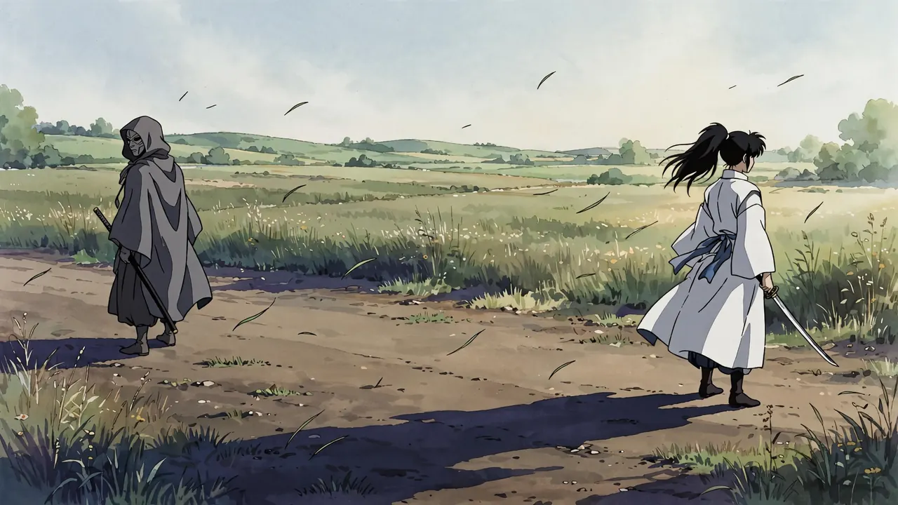 Two swordfighters stand back to back far apart after a strike, cut grass floating in the empty middle