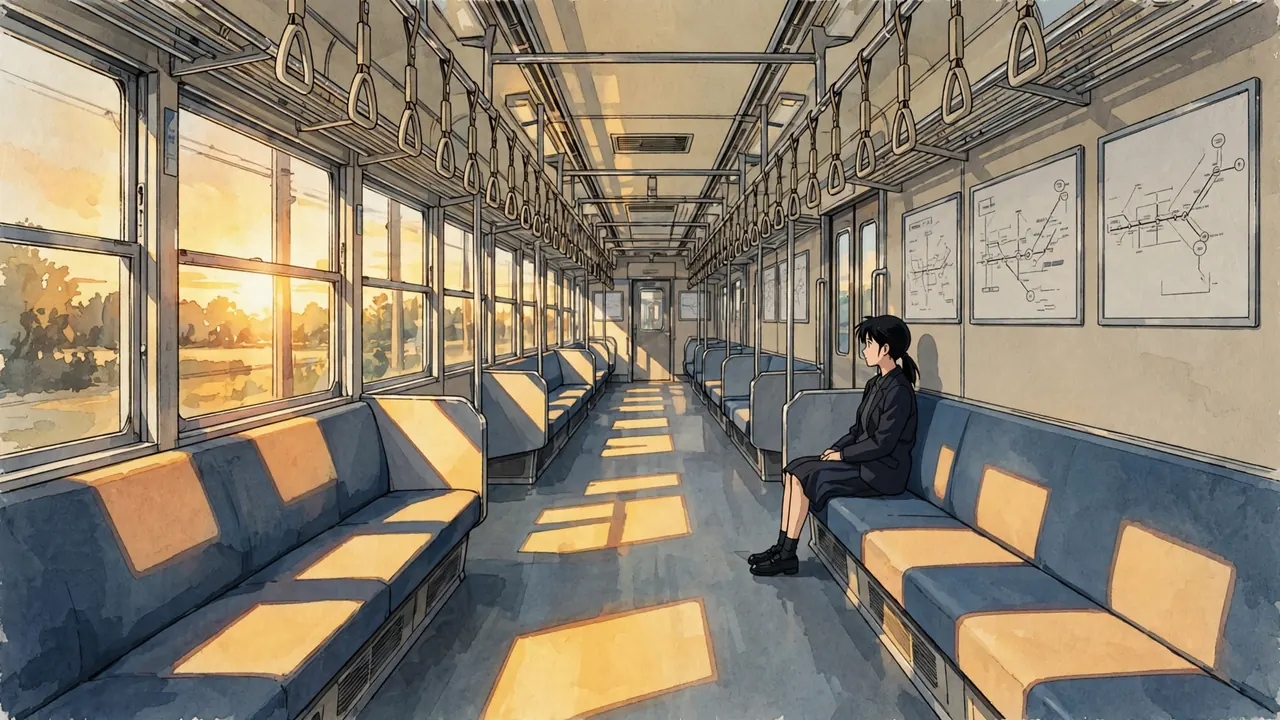 A nearly empty train carriage with rectangles of sunlight on the seats and one woman looking out