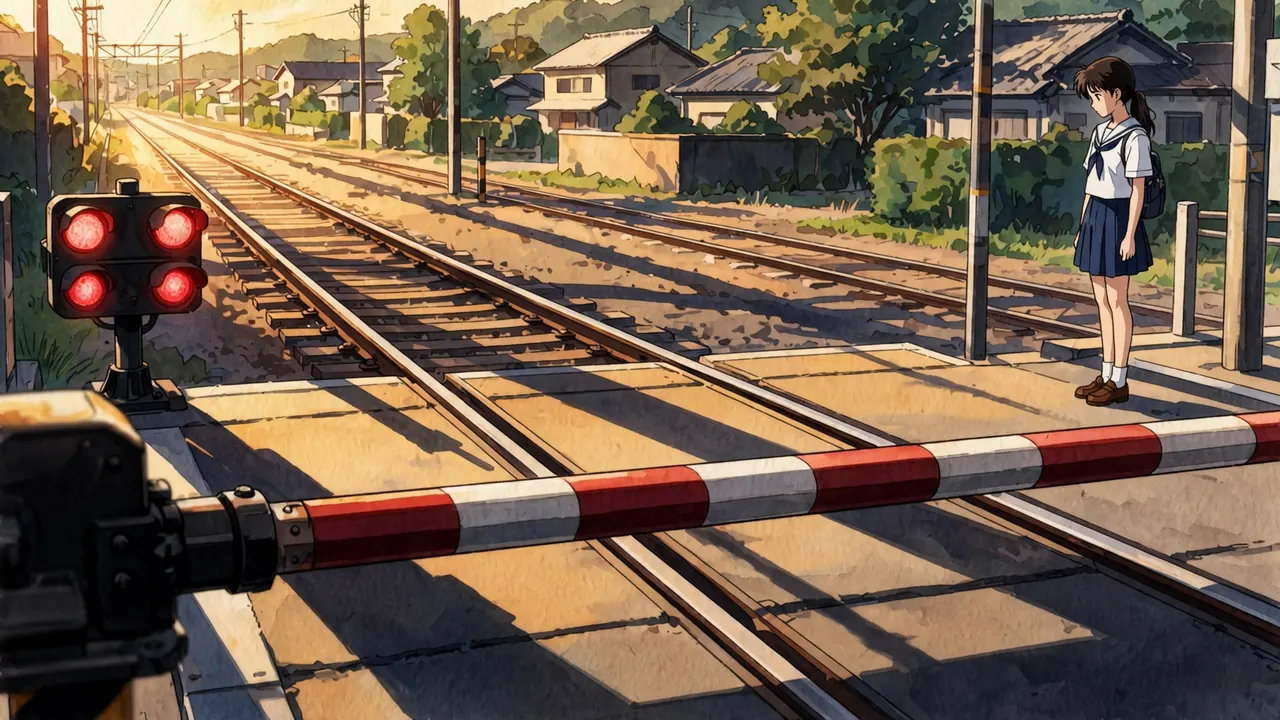 A girl waits on the far side of a lowered level crossing gate in golden afternoon light