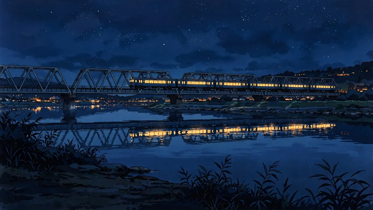A train with lit windows crosses a steel bridge over a river at night, reflected in the water