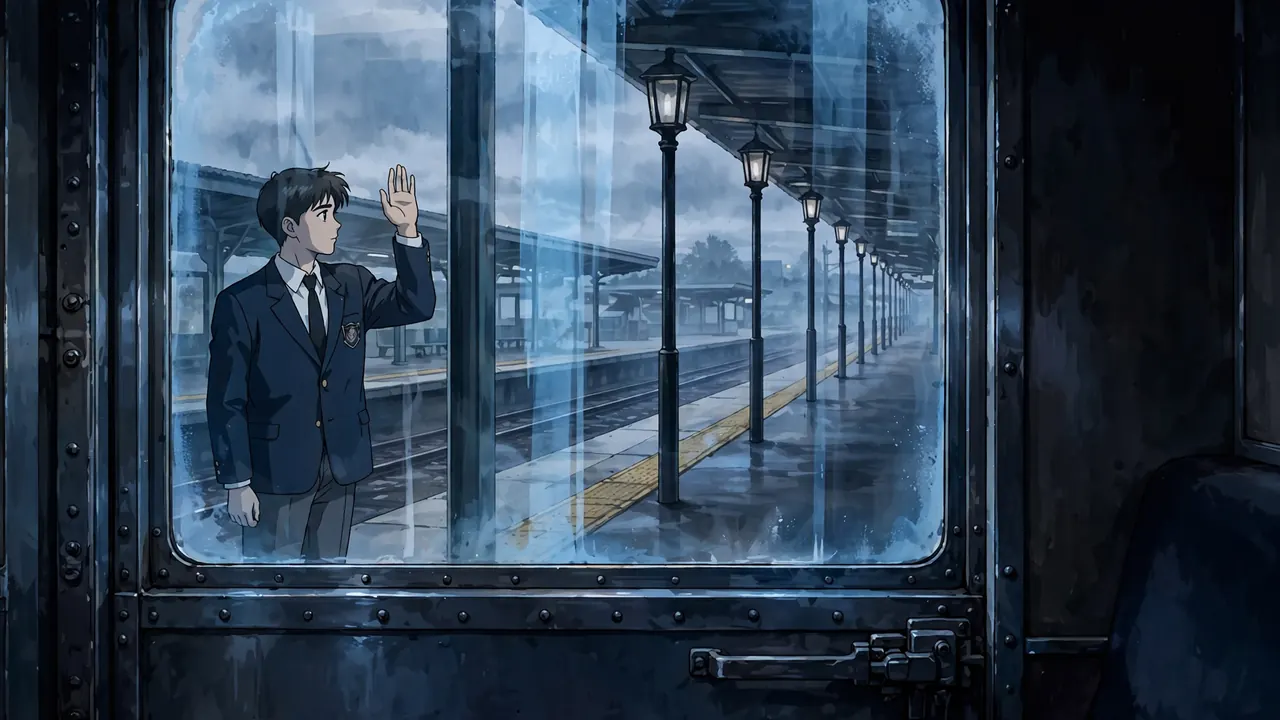 Through a train door window: a boy on the platform raising his hand as the train leaves