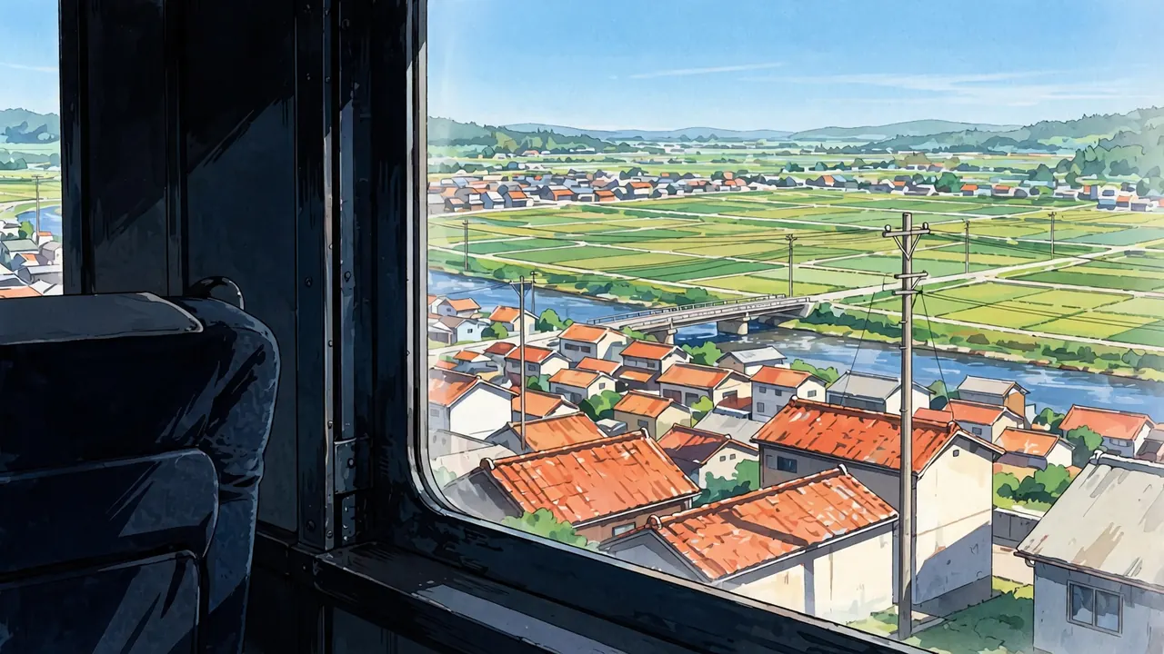 View from a train window seat of a small town, a river and power lines sliding past