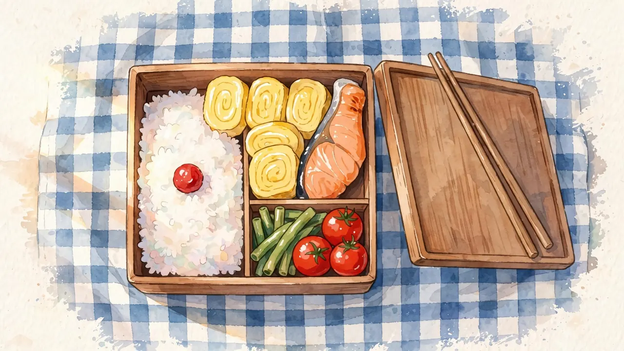 Overhead view of a wooden bento box with rice, a pickled plum, rolled egg, salmon and greens