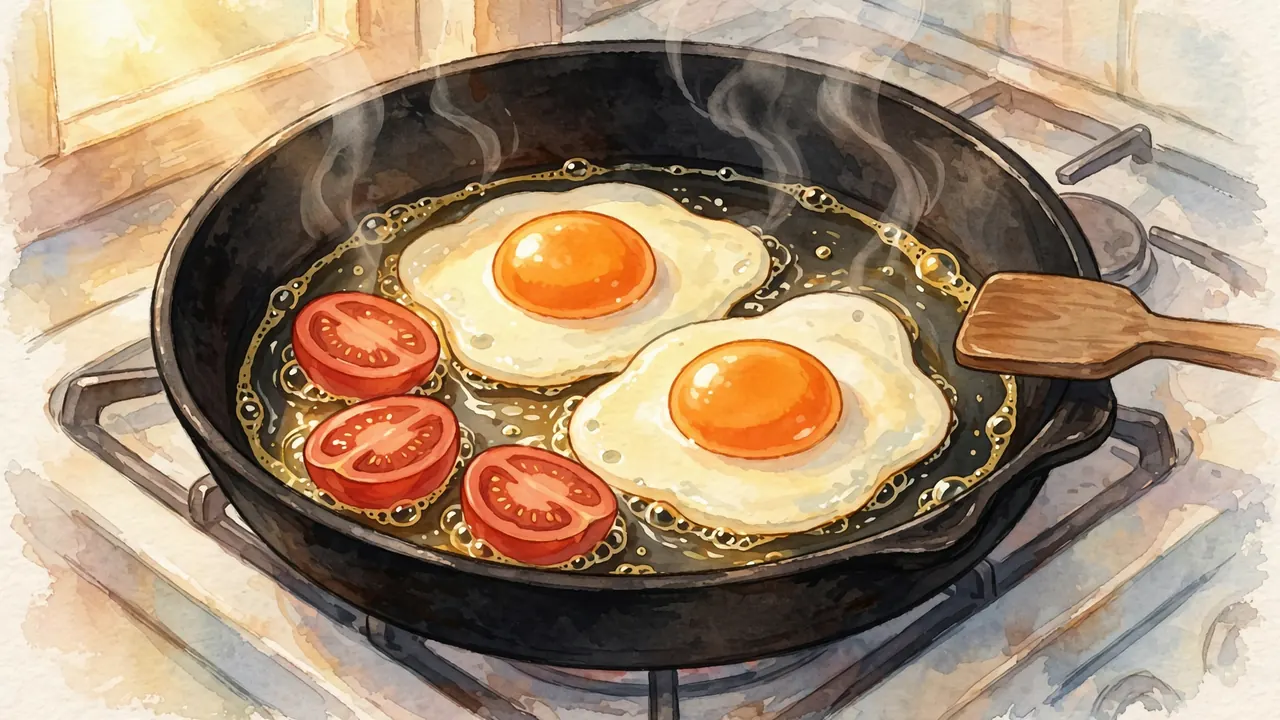 Two fried eggs and tomatoes sizzling in a cast-iron pan, painted in a soft warm style