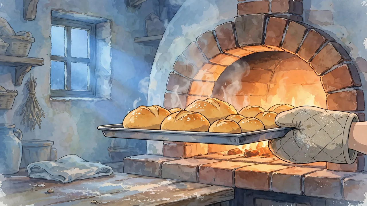 A tray of golden loaves pulled from a glowing brick oven in an old bakery at dawn