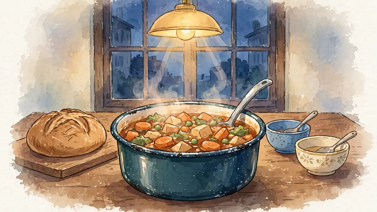 A big pot of steaming vegetable stew with a ladle and a round loaf of bread on a wooden table at dusk