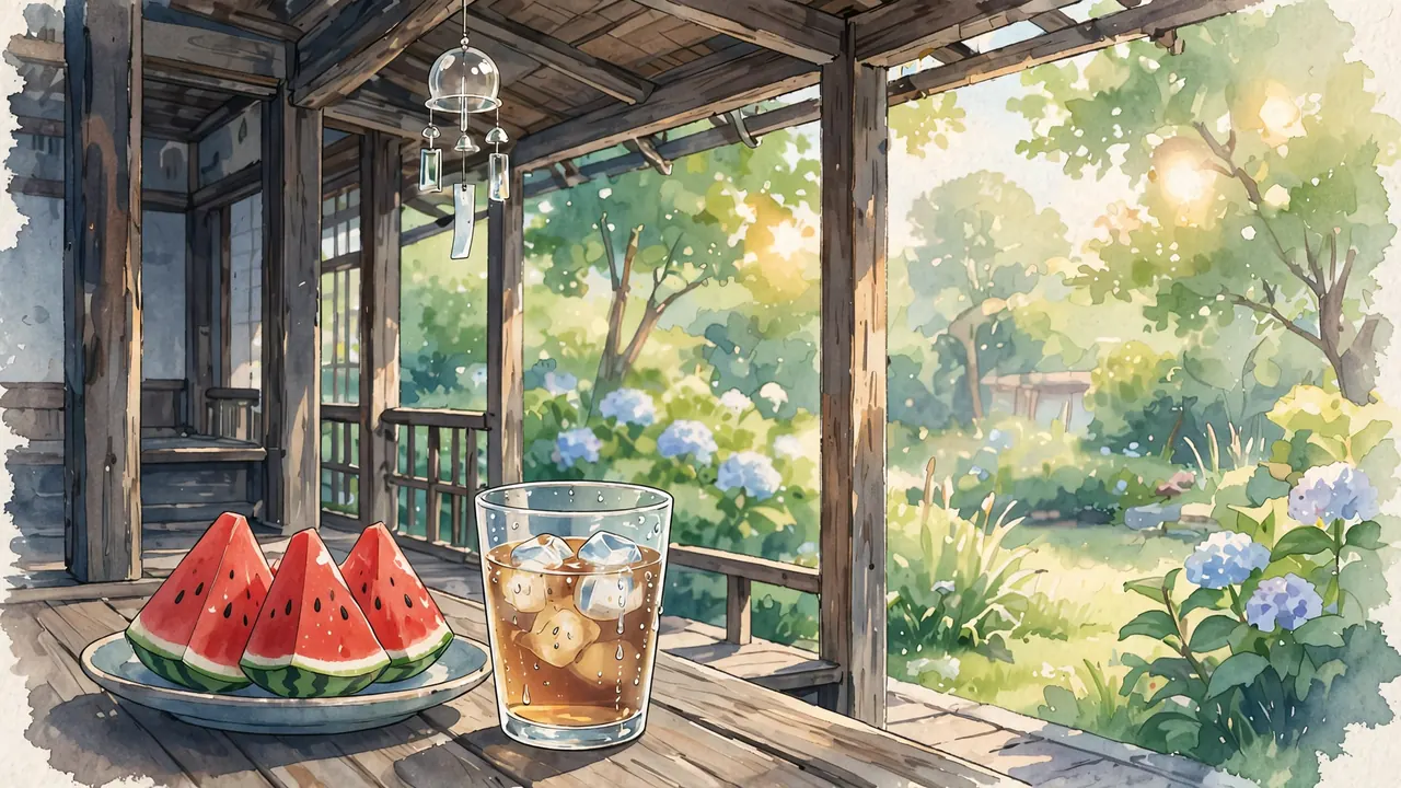 Watermelon slices and a glass of iced tea on a shaded wooden veranda, a green garden behind