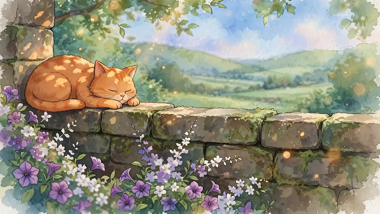 An orange cat asleep on a stone garden wall with flowers, a soft green valley behind