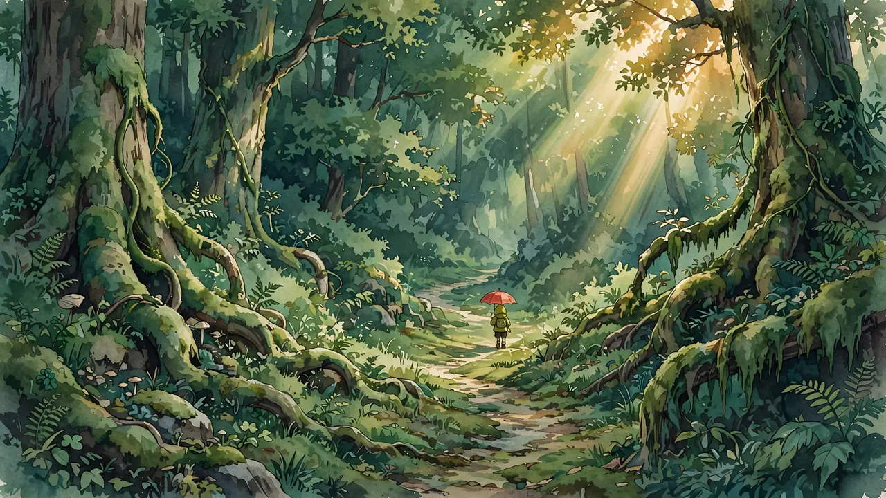 A small child with a red umbrella walks a mossy path between giant trees in shafts of light