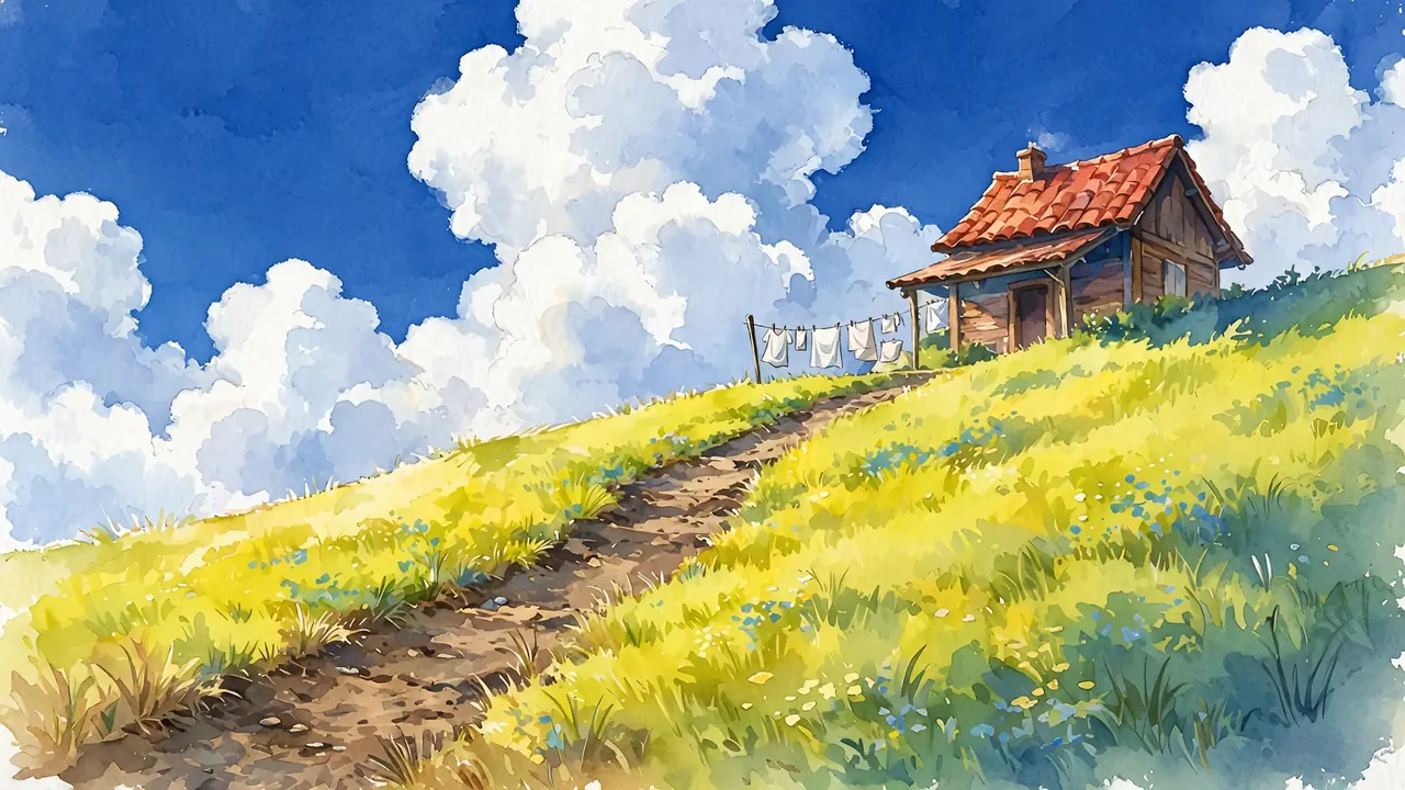 A small wooden house with a red roof on a green hill, laundry on a line, big summer clouds