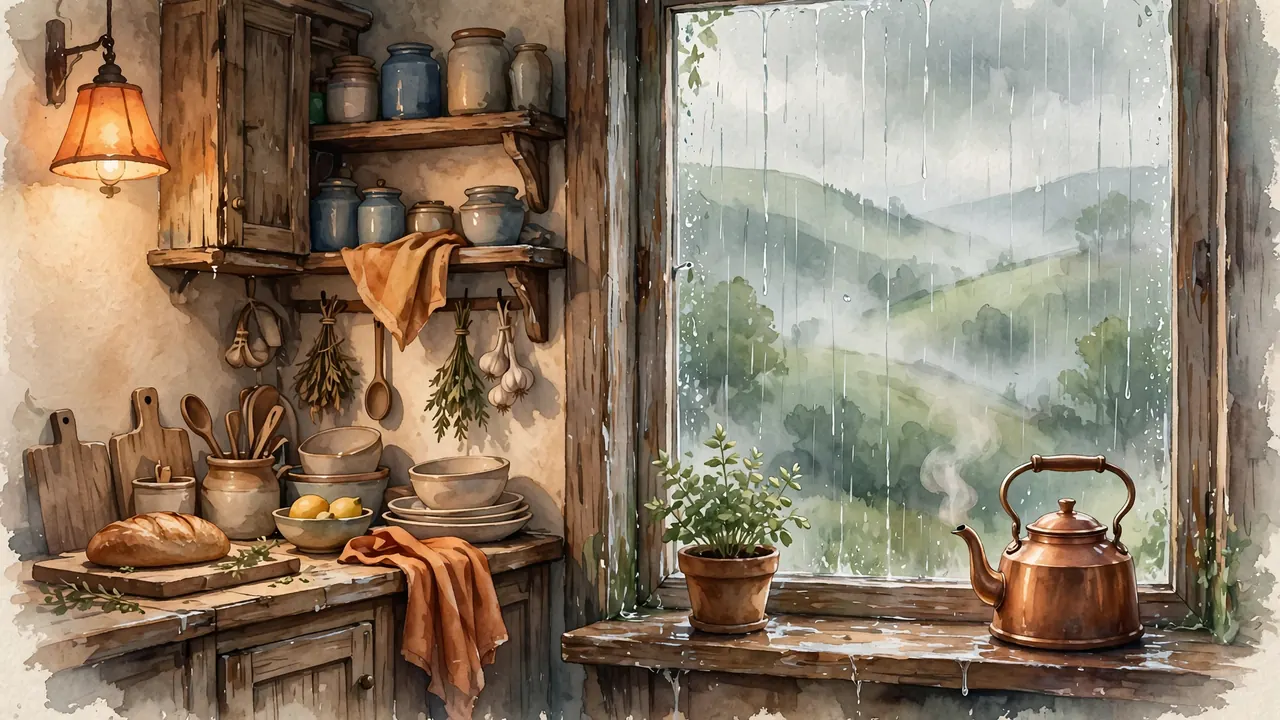 A rainy kitchen window with a steaming copper kettle and a potted herb, green hills in the mist outside