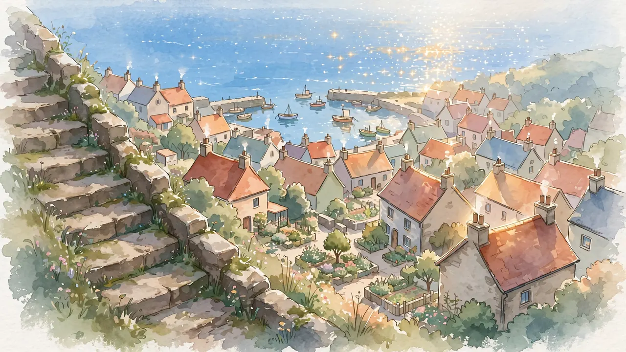 A seaside town of colorful rooftops seen from stone steps on a hill, a harbor and blue sea beyond