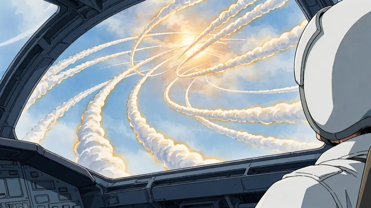 Looking back from a fighter cockpit at a swarm of missiles with white trails closing in