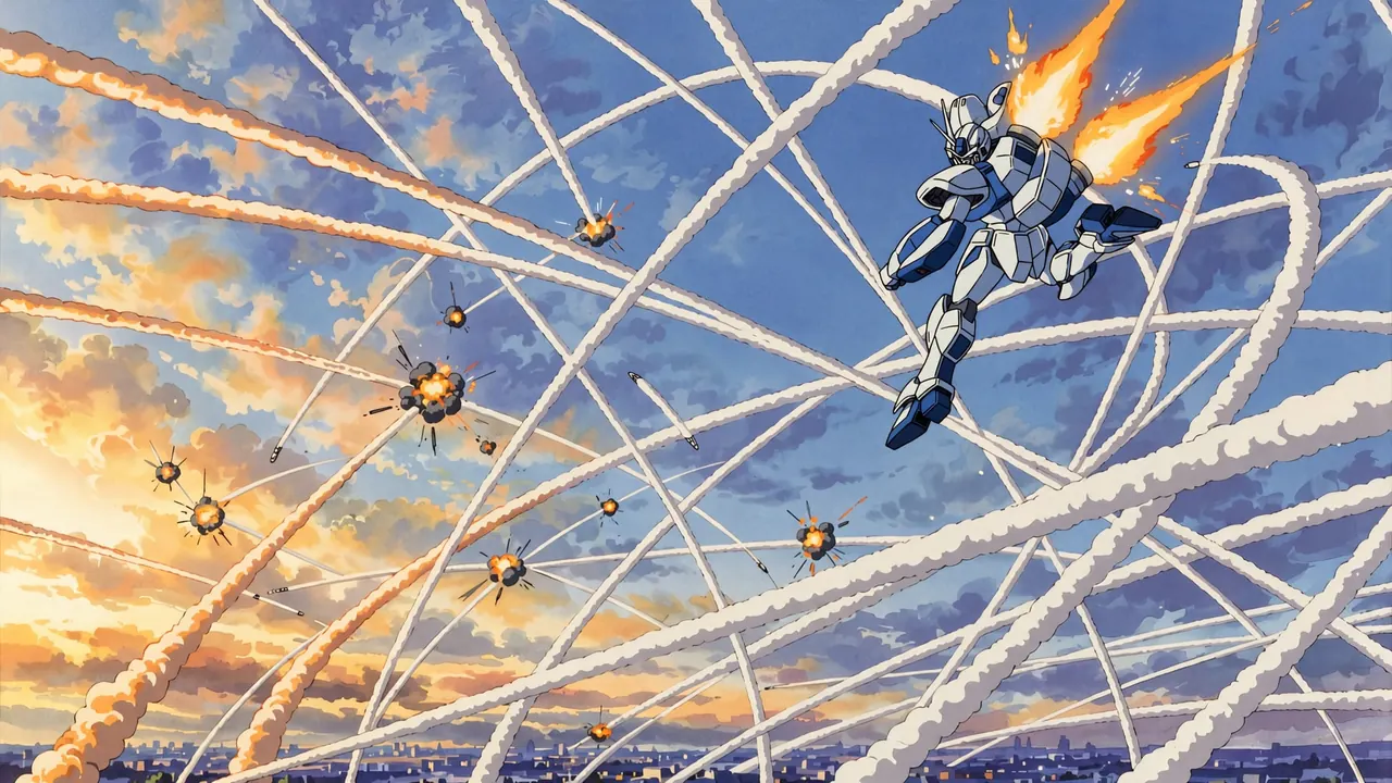A white and blue mech twists in mid air as missile trails crisscross the sky and small explosions bloom