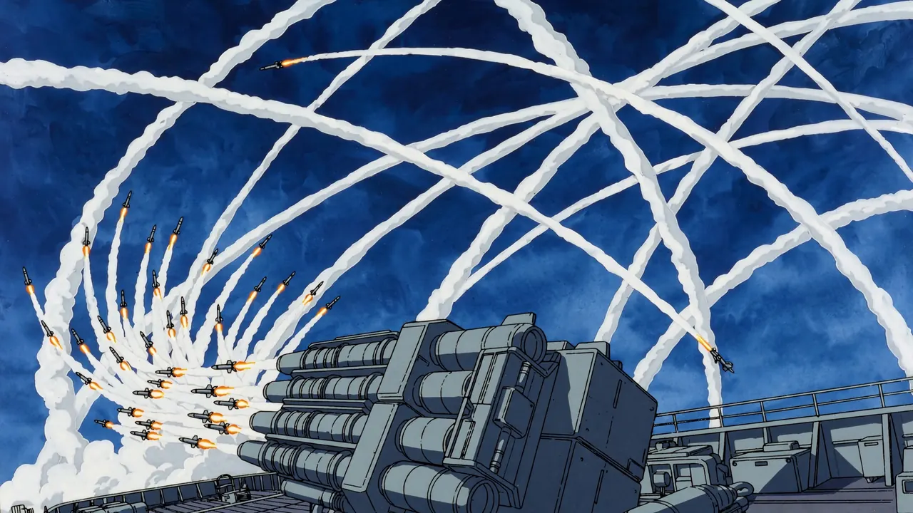 Dozens of missiles launch from a ship, white smoke trails fanning across a deep blue sky in curving arcs