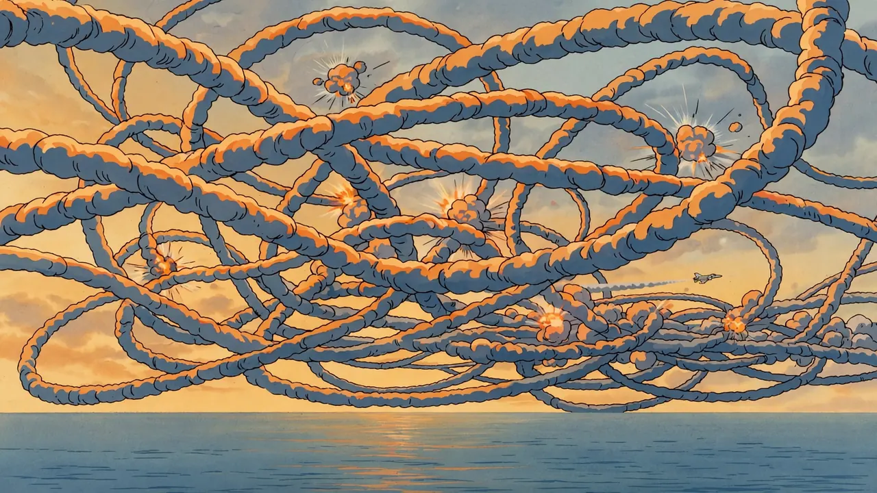 A huge tangle of white missile smoke trails knotted across a golden sky over the sea